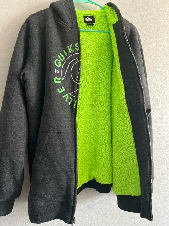 Vintage Men’s XL Quiksilver Charcoal Zip Hoodie with Neon Green Fleece Lining - Picture 5 of 12
